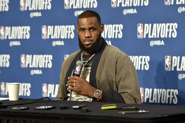 CLEVELAND, OH - APRIL 29: LeBron James #23 of the Cleveland Cavaliers speaks during the post-game press conference after Game Seven of Round One against the Indiana Pacers of the 2018 NBA Playoffs on April 29, 2018 at Quicken Loans Arena in Cleveland, Ohio.  NOTE TO USER: User expressly acknowledges and agrees that, by downloading and or using this Photograph, user is consenting to the terms and conditions of the Getty Images License Agreement. Mandatory Copyright Notice: Copyright 2018 NBAE (Photo by David Liam Kyle/NBAE via Getty Images)