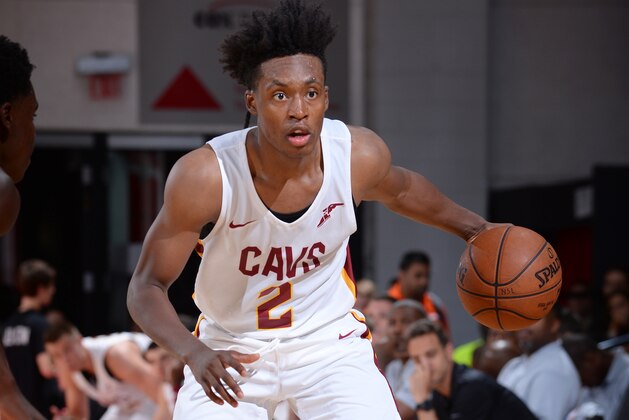 LAS VEGAS, NV - JULY 9: Collin Sexton #2 of the Cleveland Cavaliers handles the ball against the Indiana Pacers during the 2018 Las Vegas Summer League on July 9, 2018 at the Cox Pavilion in Las Vegas, Nevada. NOTE TO USER: User expressly acknowledges and agrees that, by downloading and/or using this photograph, user is consenting to the terms and conditions of the Getty Images License Agreement. Mandatory Copyright Notice: Copyright 2018 NBAE (Photo by Bart Young/NBAE via Getty Images)