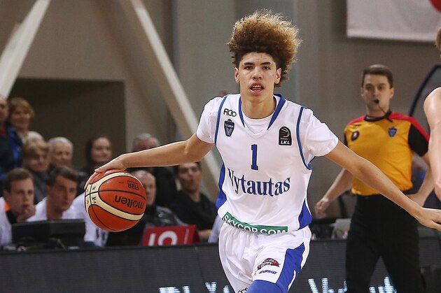 PRIENAI, LITHUANIA - JANUARY 09:  LaMelo Ball of Vytautas Prienai in action during the match between Vytautas Prienai and Zalgiris Kauno on January 9, 2018 in Prienai, Lithuania.  (Photo by Alius Koroliovas/Getty Images)