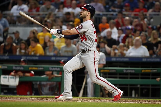 Washington Nationals' Bryce Harper hits a solo home run off Pittsburgh Pirates starting pitcher Ivan Nova in the sixth inning of a baseball game in Pittsburgh, Monday, July 9, 2018. (AP Photo/Gene J. Puskar)