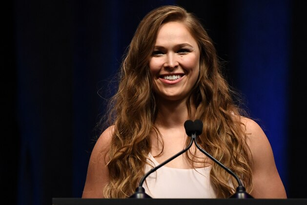 LAS VEGAS, NV - JULY 05:  Ronda Rousey speaks as she becomes the first female inducted into the UFC Hall of Fame at The Pearl concert theater at Palms Casino Resort on July 5, 2018 in Las Vegas, Nevada.  (Photo by Ethan Miller/Getty Images)
