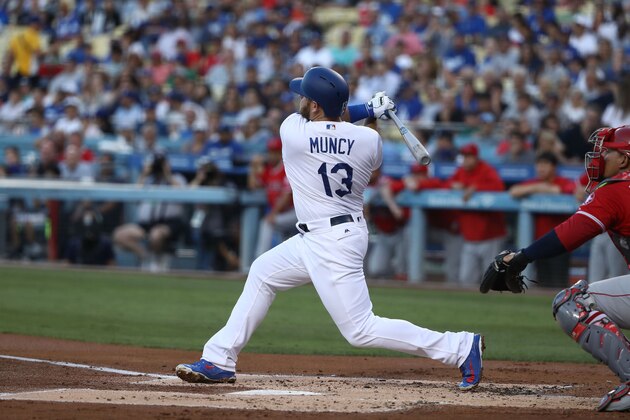LOS ANGELES, CA - JULY 13:  Max Muncy #13 of the Los Angeles Dodgers hits a solo homerun in the first inning during the MLB game against the Los Angeles Angels of Anaheim at Dodger Stadium on July 13, 2018 in Los Angeles, California. The Dodgers defeated the Angels 3-2.  (Photo by Victor Decolongon/Getty Images)