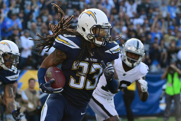 CARSON, CA - DECEMBER 31:  Tre Boston #33 of the Los Angeles Chargers runs down field during the of the game against the Oakland Raiders at StubHub Center on December 31, 2017 in Carson, California.  (Photo by Harry How/Getty Images)