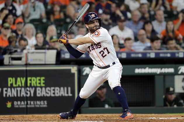 Houston Astros' Jose Altuve bats against the Oakland Athletics during the fifth inning of a baseball game Thursday, July 12, 2018, in Houston. (AP Photo/David J. Phillip)