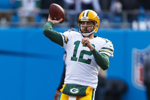 Green Bay Packers quarterback Aaron Rodgers (12) looks to pass the ball against the Carolina Panthers during an NFL game in Charlotte, N.C. on Sunday, Dec. 17, 2017. (Chris Keane/AP Images for Panini)