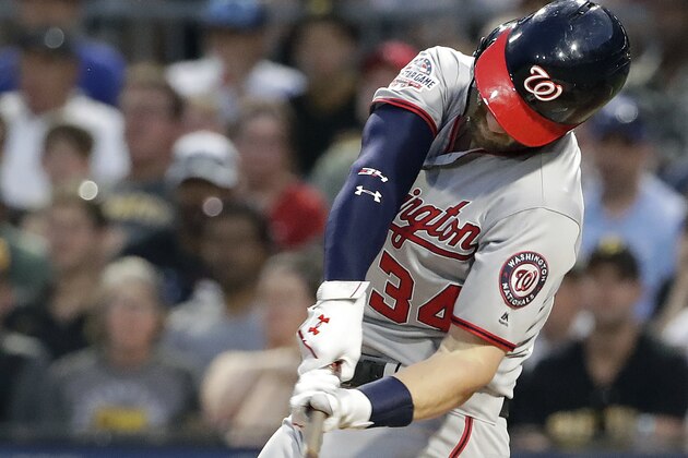 Washington Nationals' Bryce Harper bats during a baseball game against the Pittsburgh Pirates in Pittsburgh, Tuesday, July 10, 2018. (AP Photo/Gene J. Puskar)