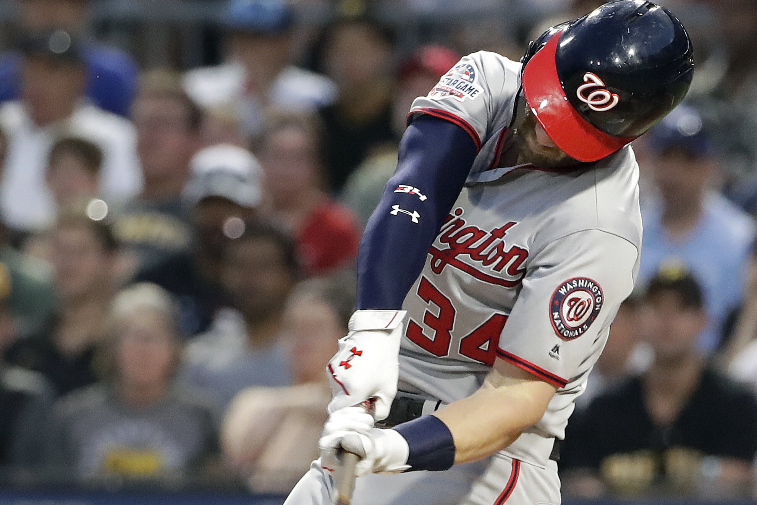 Washington Nationals' Bryce Harper bats during a baseball game against the Pittsburgh Pirates in Pittsburgh, Tuesday, July 10, 2018. (AP Photo/Gene J. Puskar)
