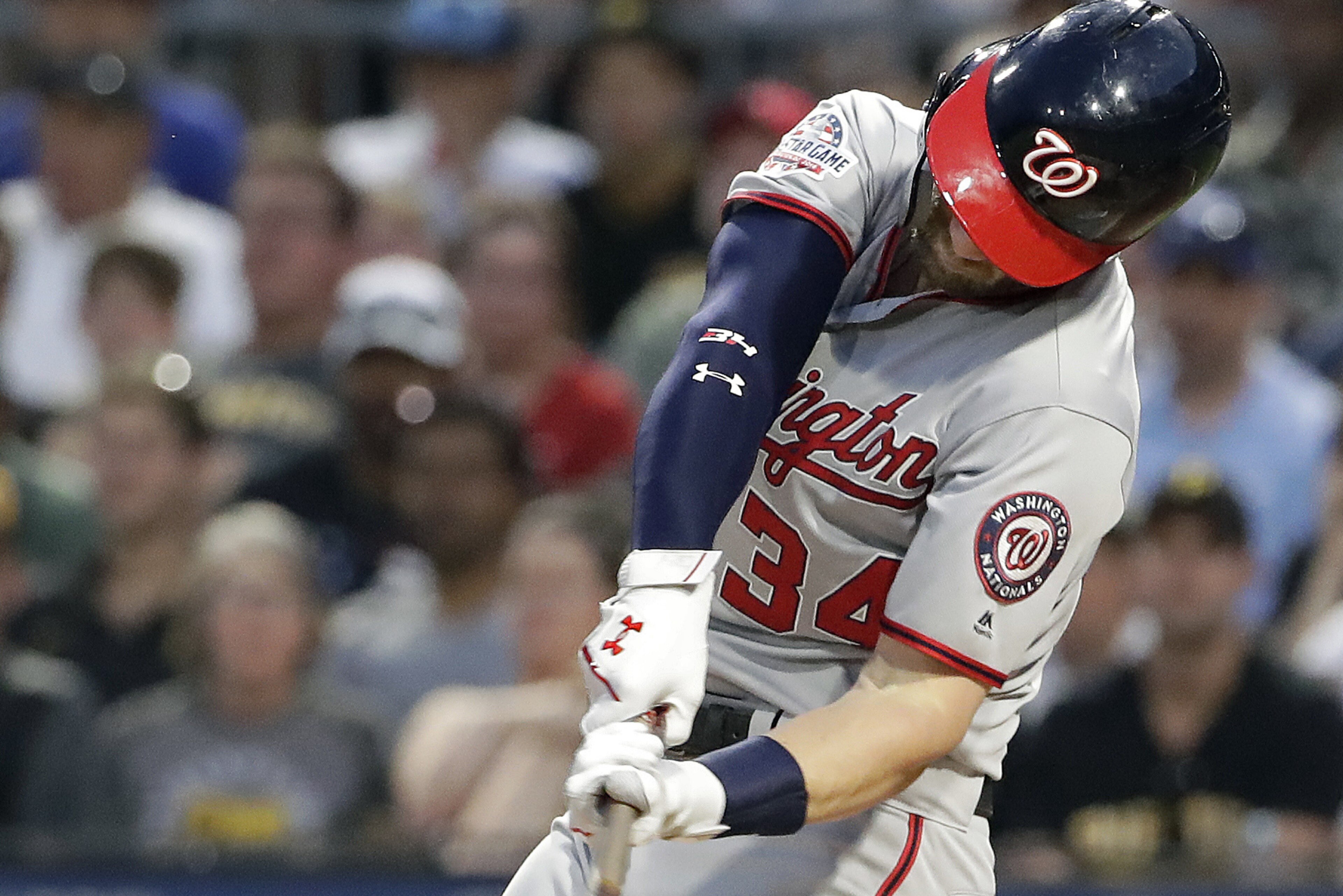 Washington Nationals' Bryce Harper bats during a baseball game against the Pittsburgh Pirates in Pittsburgh, Tuesday, July 10, 2018. (AP Photo/Gene J. Puskar)