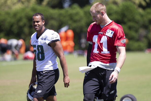 PHILADELPHIA, PA - JUNE 12: Jordan Hicks #58 and Carson Wentz #11 of the Philadelphia Eagles walk off the field after Eagles minicamp at the NovaCare Complex on June 12, 2018 in Philadelphia, Pennsylvania. (Photo by Mitchell Leff/Getty Images)