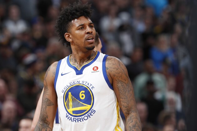 Golden State Warriors guard Nick Young (6) in the second half of an NBA basketball game Saturday, Feb. 3, 2018, in Denver. The Nuggets won 115-108. (AP Photo/David Zalubowski)
