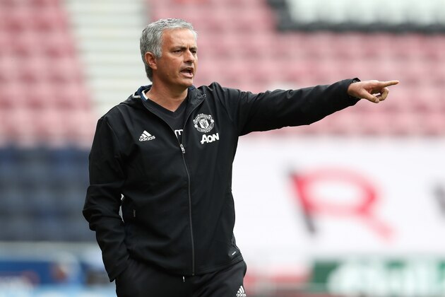 WIGAN, ENGLAND - JULY 16: Manchester United manager Jose Mourinho gestures from the touchine during the pre season friendly match between Wigan Athletic and Manchester United at the JJB Stadium on July 16, 2016 in Wigan, England. (Photo by Chris Brunskill/Getty Images)