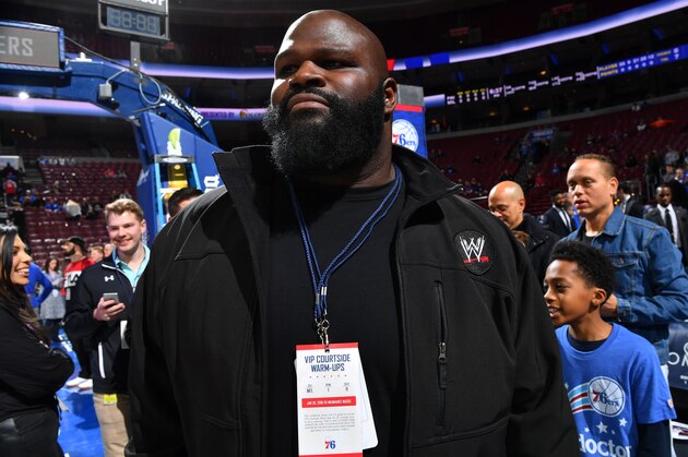PHILADELPHIA,PA - JANUARY 20 : WWE Professional wressler and Powerlifter  Mark Henry looks on prior to the Philadelphia 76ers against the Milwaukee Bucks at Wells Fargo Center on January 20, 2018 in Philadelphia, Pennsylvania NOTE TO USER: User expressly acknowledges and agrees that, by downloading and/or using this Photograph, user is consenting to the terms and conditions of the Getty Images License Agreement. Mandatory Copyright Notice: Copyright 2018 NBAE (Photo by Jesse D. Garrabrant/NBAE via Getty Images)