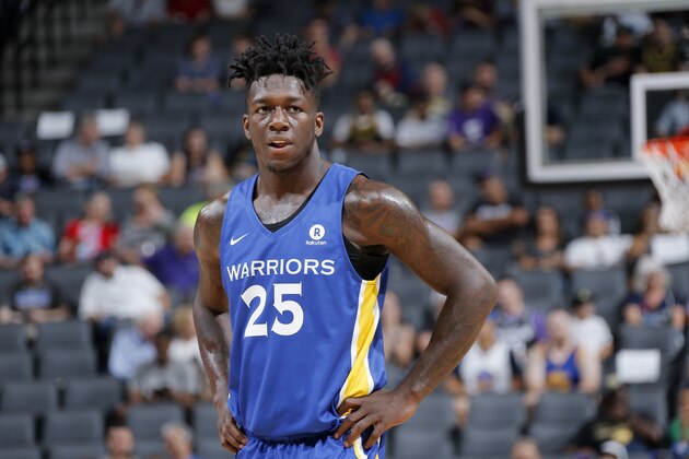 SACRAMENTO, CA - JULY 2:  Kendrick Nunn #25 of the Golden State Warriors looks on against the Miami Heat during the 2018 California Classic on July 2, 2018 at Golden 1 Center in Sacramento, California. NOTE TO USER: User expressly acknowledges and agrees that, by downloading and or using this Photograph, user is consenting to the terms and conditions of the Getty Images License Agreement. Mandatory Copyright Notice: Copyright 2018 NBAE (Photo by Rocky Widner/NBAE via Getty Images)