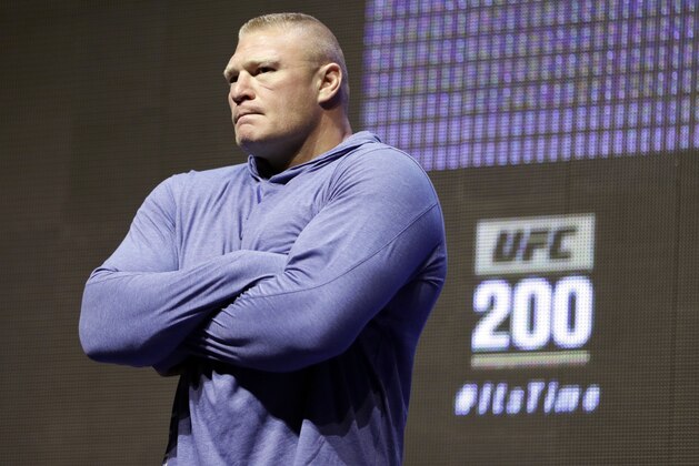 Brock Lesnar attends a UFC 200 mixed martial arts workout, Thursday, July 7, 2016, in Las Vegas. Lesnar is scheduled to fight Mark Hunt in a heavyweight fight at UFC 200 on Saturday. (AP Photo/John Locher)