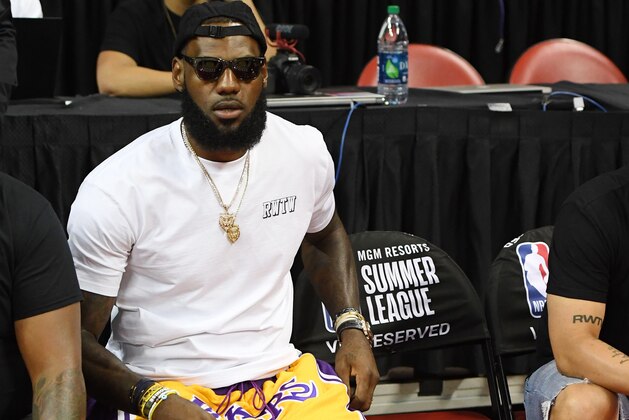 LAS VEGAS, NV - JULY 15:  LeBron James of the Los Angeles Lakers attends a quarterfinal game of the 2018 NBA Summer League between the Lakers and the Detroit Pistons at the Thomas & Mack Center on July 15, 2018 in Las Vegas, Nevada. NOTE TO USER: User expressly acknowledges and agrees that, by downloading and or using this photograph, User is consenting to the terms and conditions of the Getty Images License Agreement.  (Photo by Ethan Miller/Getty Images)