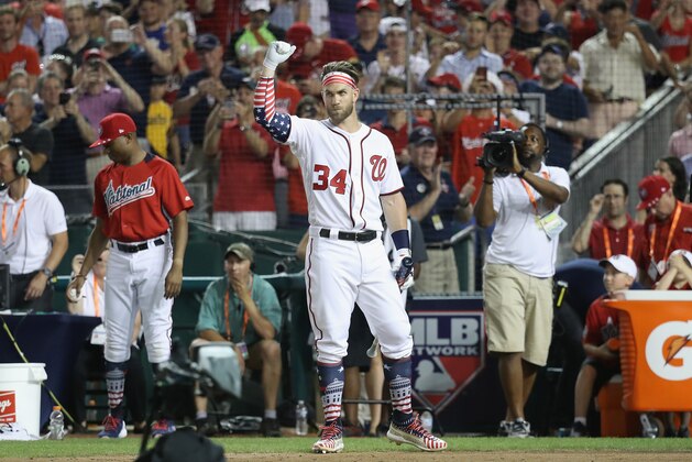 WASHINGTON, DC - JULY 16:  Bryce Harper of the Washington Nationals and National League competes in the first round during the T-Mobile Home Run Derby at Nationals Park on July 16, 2018 in Washington, DC.  (Photo by Rob Carr/Getty Images)