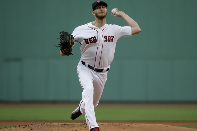 Boston Red Sox starting pitcher Chris Sale delivers during the first inning of a baseball game against the Texas Rangers, Wednesday, July 11, 2018, in Boston. (AP Photo/Steven Senne)