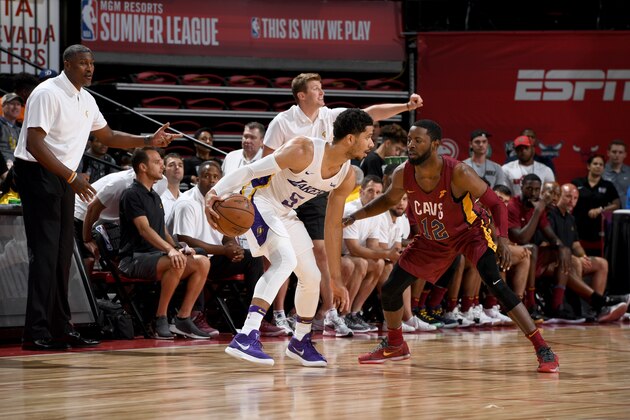 LAS VEAGS, NV - JULY 16: Josh Hart #5 of the Los Angeles Lakers handles the ball against the Cleveland Cavaliers during the 2018 Las Vegas Summer League on July 16, 2018 at the Thomas & Mack Center in Las Vegas, Nevada. NOTE TO USER: User expressly acknowledges and agrees that, by downloading and/or using this Photograph, user is consenting to the terms and conditions of the Getty Images License Agreement. Mandatory Copyright Notice: Copyright 2018 NBAE (Photo by Garrett Ellwood/NBAE via Getty Images)
