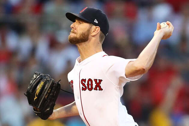 BOSTON, MA - JULY 11:  Chris Sale #41 of the Boston Red Sox pitches in the third inning of a game against the Texas Rangers at Fenway Park on July 11, 2018 in Boston, Massachusetts.  (Photo by Adam Glanzman/Getty Images)