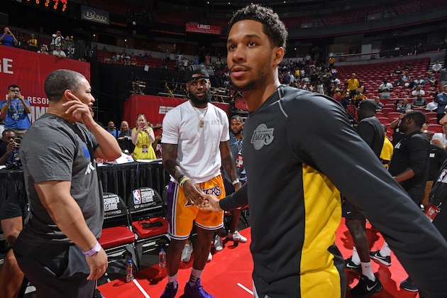 LAS VEGAS, NV - JULY 15:  LeBron James and Josh Hart #5 of the Los Angeles Lakers greet each other during the 2018 Las Vegas Summer League on July 15, 2018 at the Thomas & Mack Center in Las Vegas, Nevada. NOTE TO USER: User expressly acknowledges and agrees that, by downloading and/or using this photograph, user is consenting to the terms and conditions of the Getty Images License Agreement. Mandatory Copyright Notice: Copyright 2018 NBAE (Photo by Garrett Ellwood/NBAE via Getty Images)