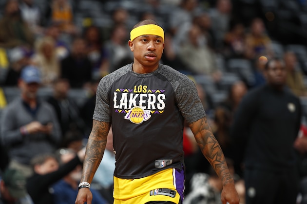 Los Angeles Lakers guard Isaiah Thomas in the first half of an NBA basketball game Friday, March 9, 2018, in Denver. (AP Photo/David Zalubowski)