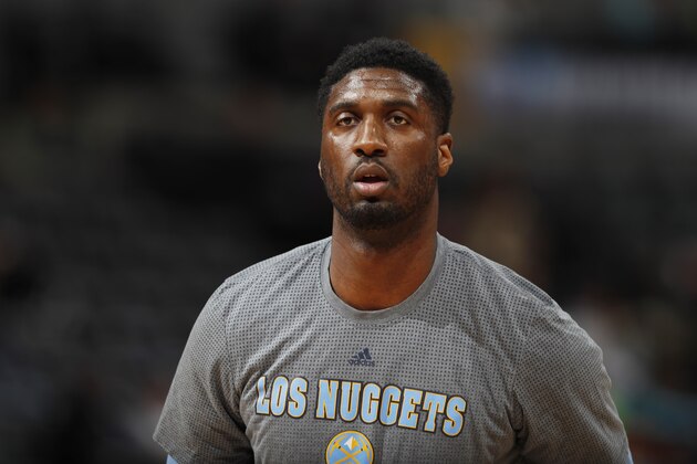 Denver Nuggets center Roy Hibbert (34) in the first half of an NBA basketball game Monday, March 6, 2017, in Denver. (AP Photo/David Zalubowski)