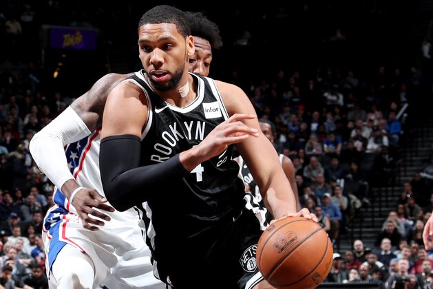 BROOKLYN, NY - MARCH 11:  Jahlil Okafor #4 of the Brooklyn Nets handles the ball during the game against the Philadelphia 76ers on March 11, 2018 at Barclays Center in Brooklyn, New York. NOTE TO USER: User expressly acknowledges and agrees that, by downloading and or using this Photograph, user is consenting to the terms and conditions of the Getty Images License Agreement. Mandatory Copyright Notice: Copyright 2018 NBAE (Photo by Nathaniel S. Butler/NBAE via Getty Images)