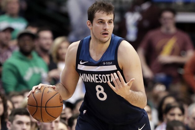 Minnesota Timberwolves forward Nemanja Bjelica (8) handles the ball during an NBA basketball game against the Dallas Mavericks in Dallas, Friday, March 30, 2018. (AP Photo/Tony Gutierrez)