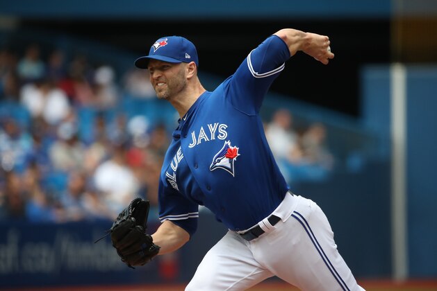 TORONTO, ON - JUNE 20: J.A. Happ #33 of the Toronto Blue Jays delivers a pitch in the first inning during MLB game action against the Atlanta Braves at Rogers Centre on June 20, 2018 in Toronto, Canada. (Photo by Tom Szczerbowski/Getty Images)