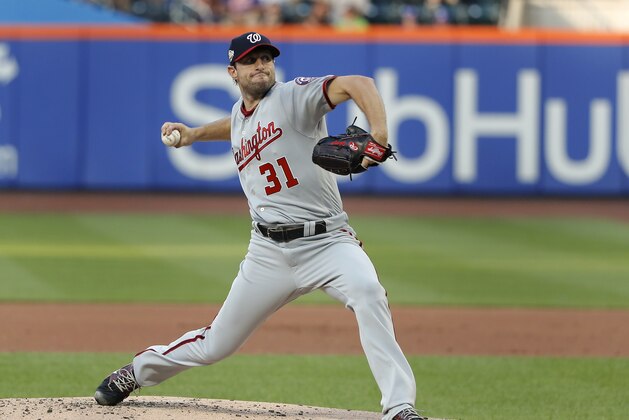 Washington Nationals starting pitcher Max Scherzer delivers against the New York Mets during the first inning of a baseball game Thursday, July 12, 2018, in New York. (AP Photo/Julie Jacobson)