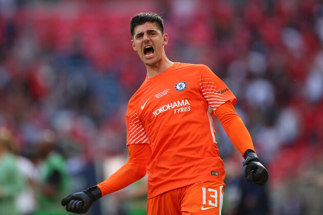 LONDON, ENGLAND - MAY 19:  Thibaut Courtois of Chelsea celebrates at the end of the Emirates FA Cup Final between Chelsea and Manchester United at Wembley Stadium on May 19, 2018 in London, England. (Photo by Robbie Jay Barratt - AMA/Getty Images)