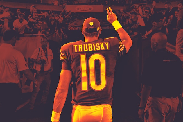 Chicago Bears quarterback Mitchell Trubisky (10) shakes hands with fans after beating the Cleveland Browns 20-3 in an NFL football game in Chicago, Sunday, Dec. 24, 2017. (AP Photo/Charles Rex Arbogast)