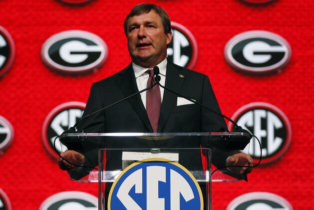 Georgia head coach Kirby Smart speaks during Southeastern Conference Media Days Tuesday, July 17, 2018, in Atlanta. (AP Photo/John Bazemore)