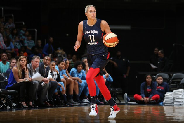 WASHINGTON, DC - JULY 11:  Elena Delle Donne #11 of the Washington Mystics dribbles the ball up court against the Atlanta Dream on July 11, 2018 at Capital One Arena in Washington, DC. NOTE TO USER: User expressly acknowledges and agrees that, by downloading and or using this photograph, User is consenting to the terms and conditions of the Getty Images License Agreement. Mandatory Copyright Notice: Copyright 2018 NBAE (Photo by Ned Dishman/NBAE via Getty Images)