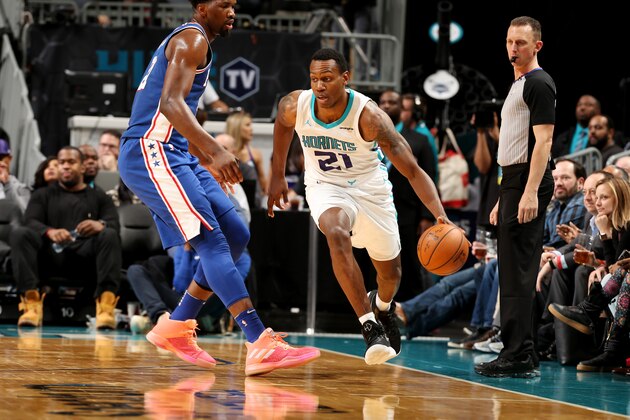 CHARLOTTE, NC - MARCH 6:  Treveon Graham #21 of the Charlotte Hornets handles the ball during the game against the Philadelphia 76ers on March 6, 2018 at Spectrum Center in Charlotte, North Carolina. NOTE TO USER: User expressly acknowledges and agrees that, by downloading and or using this photograph, User is consenting to the terms and conditions of the Getty Images License Agreement.  Mandatory Copyright Notice:  Copyright 2018 NBAE (Photo by Kent Smith/NBAE via Getty Images)
