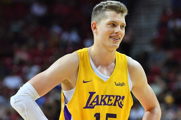 LAS VEGAS, NV - JULY 10:  Moritz Wagner #15 of the Los Angeles Lakers stands on the court during his team's game against the New York Knicks during the 2018 NBA Summer League at the Thomas & Mack Center on July 10, 2018 in Las Vegas, Nevada. NOTE TO USER: User expressly acknowledges and agrees that, by downloading and or using this photograph, User is consenting to the terms and conditions of the Getty Images License Agreement.  (Photo by Sam Wasson/Getty Images)