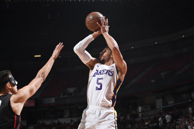 LAS VEAGS, NV - JULY 17: Josh Hart #5 of the Los Angeles Lakers shoots the ball against the Portland Trail Blazers during the 2018 Las Vegas Summer League on July 17, 2018 at the Thomas & Mack Center in Las Vegas, Nevada. NOTE TO USER: User expressly acknowledges and agrees that, by downloading and/or using this Photograph, user is consenting to the terms and conditions of the Getty Images License Agreement. Mandatory Copyright Notice: Copyright 2018 NBAE (Photo by Garrett Ellwood/NBAE via Getty Images)