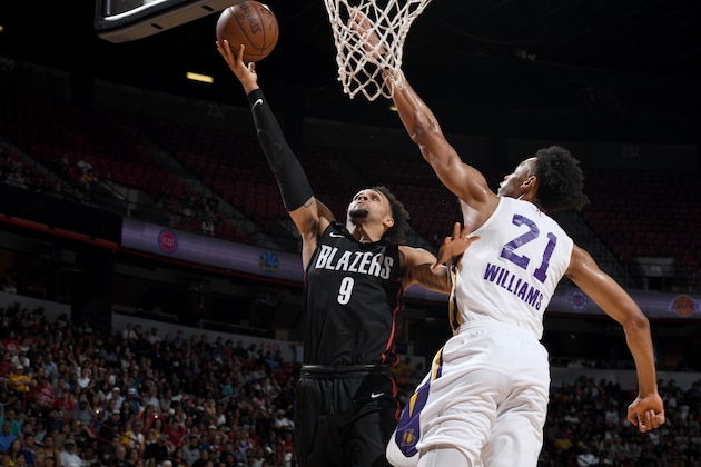 LAS VEAGS, NV - JULY 17: Gary Trent Jr. #9 of the Portland Trail Blazers goes to the basket against the Los Angeles Lakers during the 2018 Las Vegas Summer League on July 17, 2018 at the Thomas & Mack Center in Las Vegas, Nevada. NOTE TO USER: User expressly acknowledges and agrees that, by downloading and/or using this Photograph, user is consenting to the terms and conditions of the Getty Images License Agreement. Mandatory Copyright Notice: Copyright 2018 NBAE (Photo by Garrett Ellwood/NBAE via Getty Images)