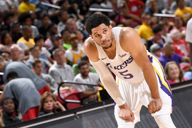 LAS VEAGS, NV - JULY 16: Josh Hart #5 of the Los Angeles Lakers looks on during the game against the Cleveland Cavaliers during the 2018 Las Vegas Summer League on July 16, 2018 at the Thomas & Mack Center in Las Vegas, Nevada. NOTE TO USER: User expressly acknowledges and agrees that, by downloading and/or using this Photograph, user is consenting to the terms and conditions of the Getty Images License Agreement. Mandatory Copyright Notice: Copyright 2018 NBAE (Photo by Garrett Ellwood/NBAE via Getty Images)