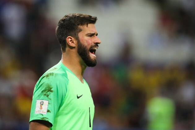 KAZAN, RUSSIA - JULY 06:    Alisson of Brazil in action  during the 2018 FIFA World Cup Russia Quarter Final match between Brazil and Belgium at Kazan Arena on July 6, 2018 in Kazan, Russia. (Photo by Matthew Ashton - AMA/Getty Images)