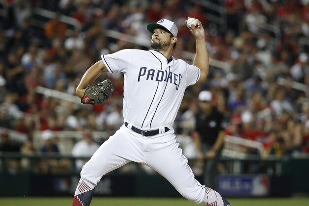 San Diego Padres pitcher Brad Hand (52) throws in the eighth inning during the Major League Baseball All-star Game, Tuesday, July 17, 2018 in Washington. (AP Photo/Alex Brandon)