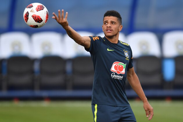 Brazil's forward Taison takes part in a training session at the Yug Sport Stadium in Sochi, on July 3, 2018, ahead of the Russia 2018 World Cup quarter-final football match between Brazil and Belgium on July 6. (Photo by NELSON ALMEIDA / AFP)        (Photo credit should read NELSON ALMEIDA/AFP/Getty Images)