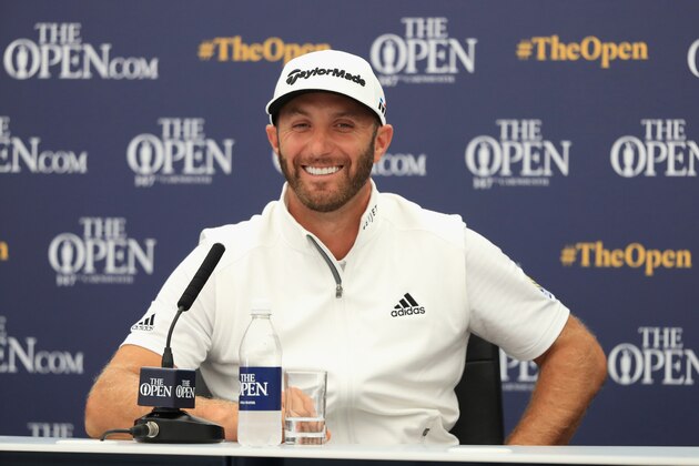 CARNOUSTIE, SCOTLAND - JULY 17:  Dustin Johnson of the United States answers questions at a press conference during previews to the 147th Open Championship at Carnoustie Golf Club on July 17, 2018 in Carnoustie, Scotland.  (Photo by Andrew Redington/Getty Images)