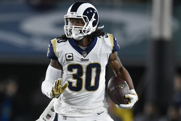 Los Angeles Rams running back Todd Gurley II in action during the first half of an NFL football wild-card playoff game against the Atlanta Falcons Saturday, Jan. 6, 2018, in Los Angeles. (AP Photo/Kelvin Kuo) Los Angeles Rams running back Todd Gurley II in action during the first half of an NFL football wild-card playoff game against the Atlanta Falcons Saturday, Jan. 6, 2018, in Los Angeles. (AP Photo/Kelvin Kuo)