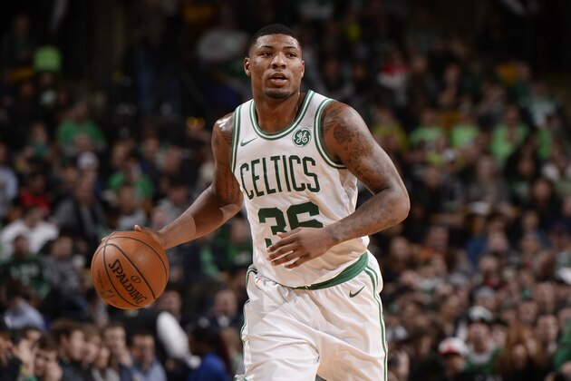 BOSTON, MA - NOVEMBER 12:  Marcus Smart #36 of the Boston Celtics handles the ball against the Toronto Raptors on November 12, 2017 at the TD Garden in Boston, Massachusetts.  NOTE TO USER: User expressly acknowledges and agrees that, by downloading and or using this photograph, User is consenting to the terms and conditions of the Getty Images License Agreement. Mandatory Copyright Notice: Copyright 2017 NBAE  (Photo by David Dow/NBAE via Getty Images)