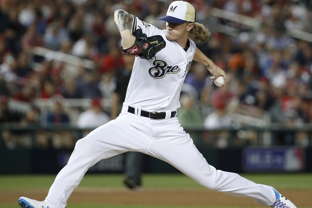 Milwaukee Brewers pitcher Josh Hader (71) throws during the eighth inning at the Major League Baseball All-star Game, Tuesday, July 17, 2018 in Washington. (AP Photo/Alex Brandon)