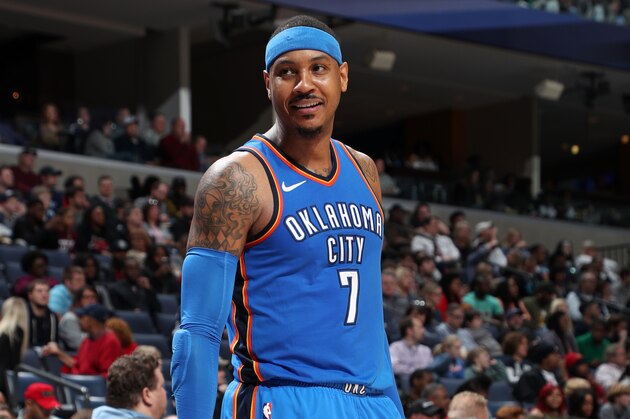 MEMPHIS, TN - FEBRUARY 14:  Carmelo Anthony #7 of the Oklahoma City Thunder looks on during the game against the Memphis Grizzlies on February 14, 2018 at FedExForum in Memphis, Tennessee. NOTE TO USER: User expressly acknowledges and agrees that, by downloading and or using this photograph, User is consenting to the terms and conditions of the Getty Images License Agreement. Mandatory Copyright Notice: Copyright 2018 NBAE (Photo by Joe Murphy/NBAE via Getty Images)