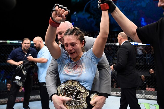 LAS VEGAS, NV - DECEMBER 01:  Nicco Montano celebrates her unanimous-decision victory over Roxanne Modafferi in their women's flyweight championship bout during the TUF Finale event inside Park Theater on December 01, 2017 in Las Vegas, Nevada. (Photo by Jeff Bottari/Zuffa LLC/Zuffa LLC via Getty Images)