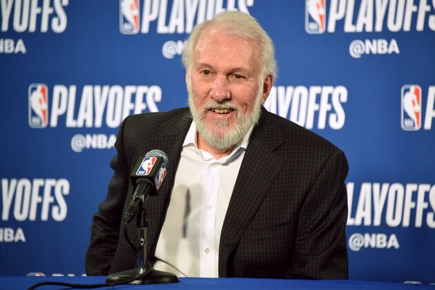 OAKLAND, CA - APRIL 16:  Gregg Popovich of the San Antonio Spurs talks to the media before the game against the Golden State Warriors in Game Two of Round One of the 2018 NBA Playoffs on April 16, 2018 at ORACLE Arena in Oakland, California. NOTE TO USER: User expressly acknowledges and agrees that, by downloading and or using this photograph, user is consenting to the terms and conditions of Getty Images License Agreement. Mandatory Copyright Notice: Copyright 2018 NBAE (Photo by Andrew D. Bernstein/NBAE via Getty Images)