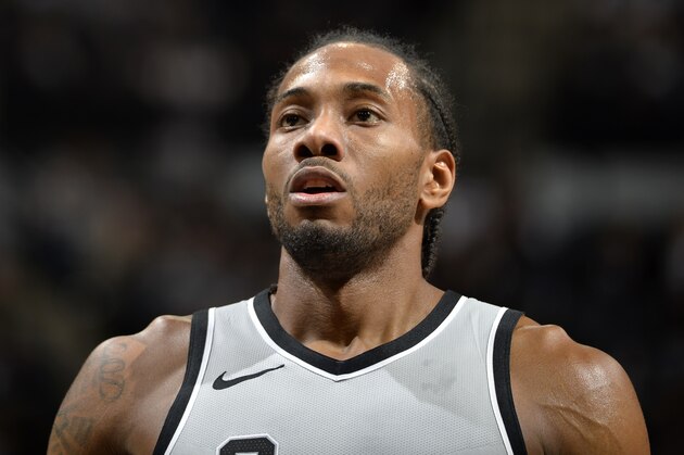 SAN ANTONIO, TX - JANUARY 13:  Kawhi Leonard #2 of the San Antonio Spurs looks on during the game against the Denver Nuggets on January 13, 2018 at the AT&T Center in San Antonio, Texas. NOTE TO USER: User expressly acknowledges and agrees that, by downloading and or using this photograph, user is consenting to the terms and conditions of the Getty Images License Agreement. Mandatory Copyright Notice: Copyright 2018 NBAE (Photos by Mark Sobhani/NBAE via Getty Images)